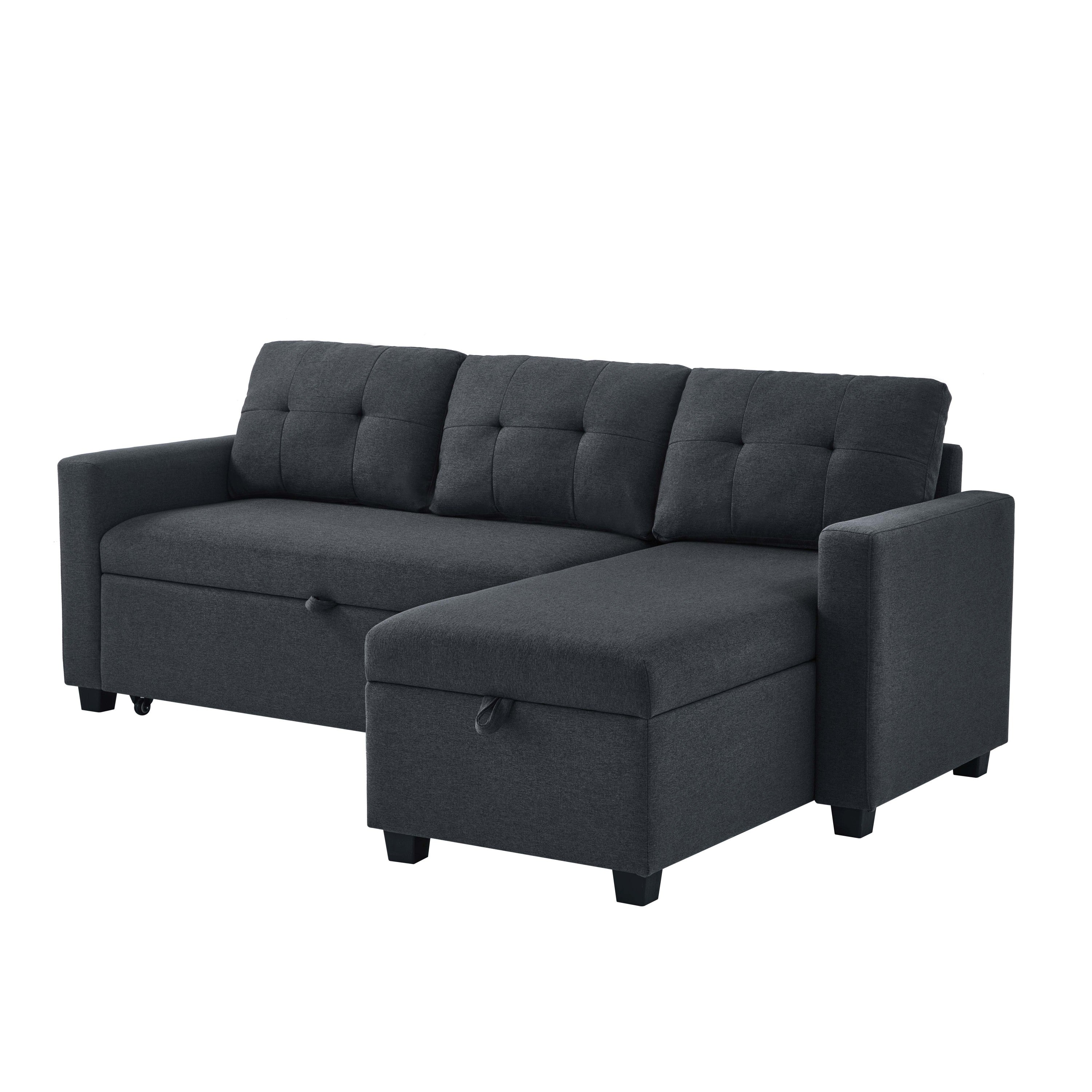 Upholstered Pull Out Sectional Sofa with Storage Chaise, Convertible Corner Couch, Dark Grey