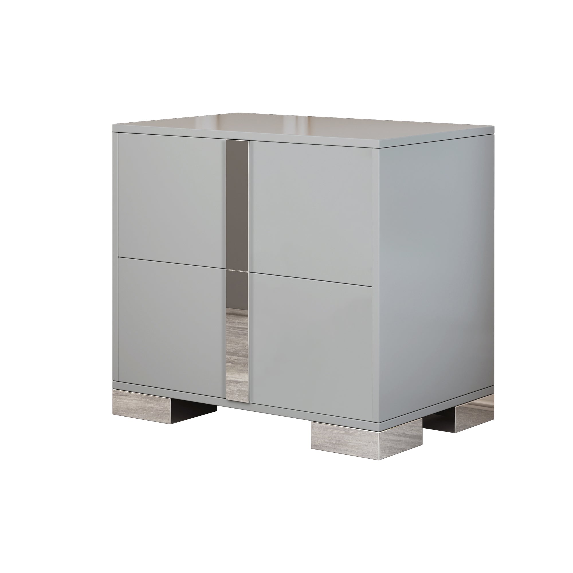 Gray mirrored two-drawer bedside table, drawers open detail