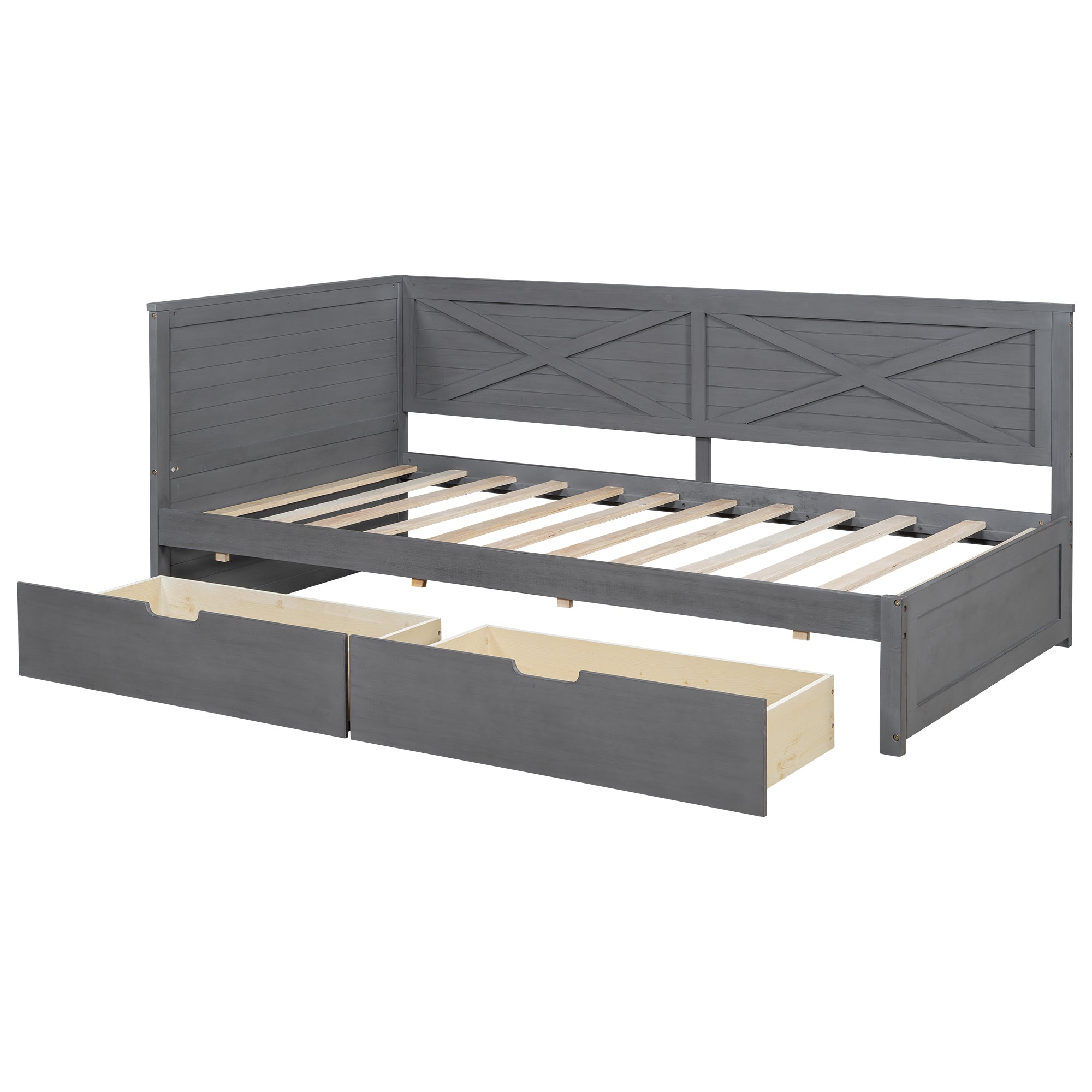 Twin Size Wood Daybed with 2 Drawers and Rustic Guardrail, Ancient Grey