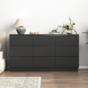 9 drawer wood dresser in black, mid-century modern, front view