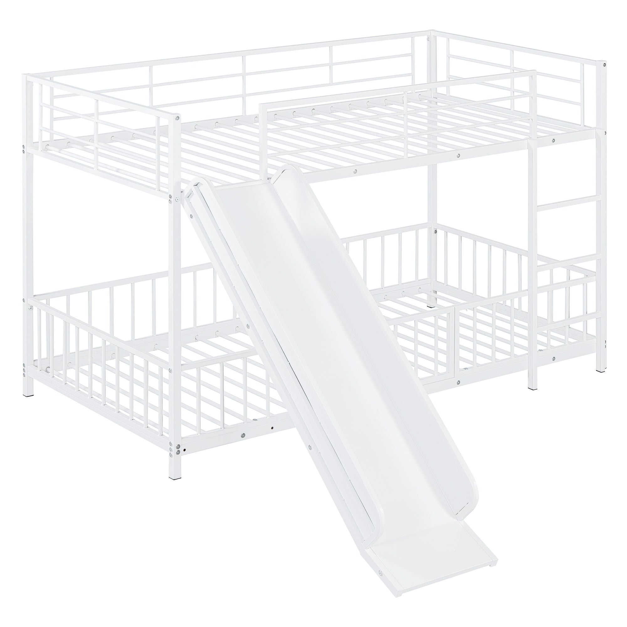 Twin over Twin Size Metal Bunk Bed with Slide and Guardrails, White