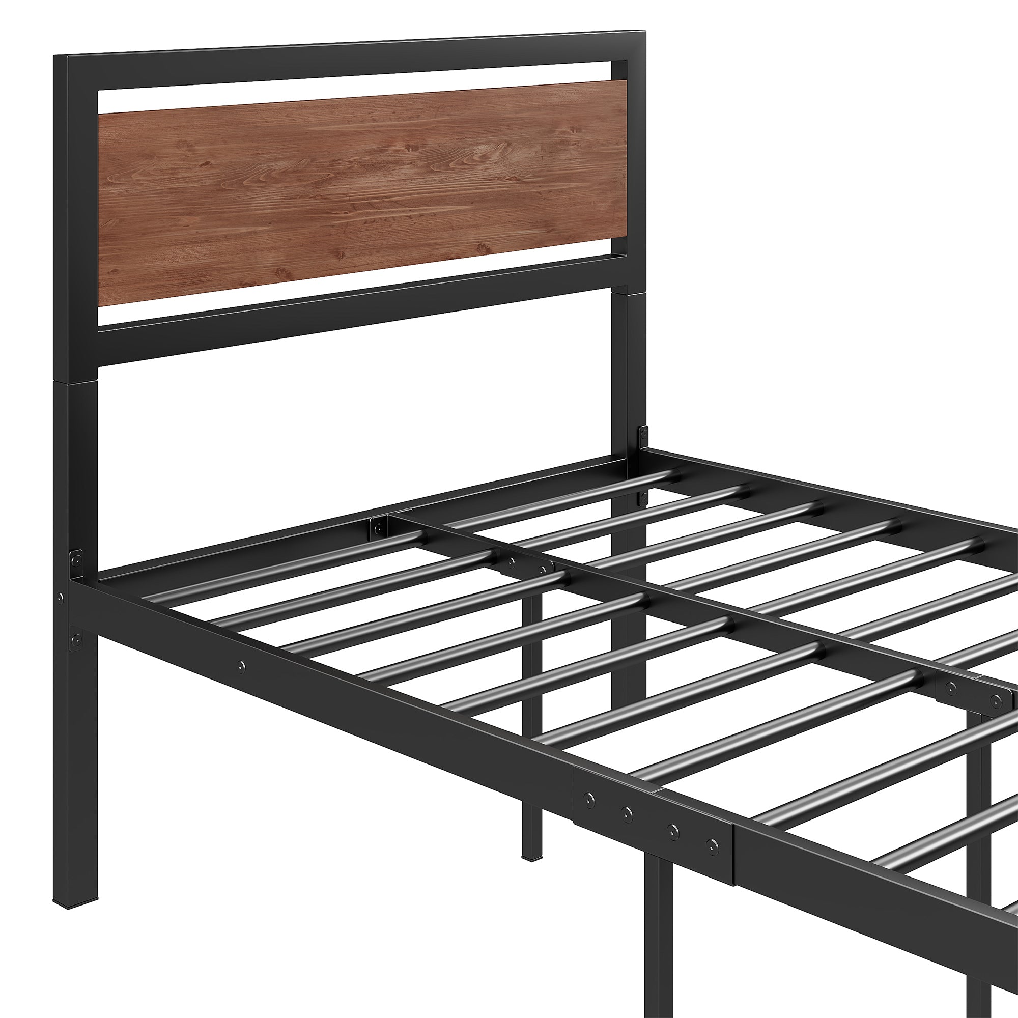 Twin Size Platform Bed, Metal and Wood Bed Frame with Headboard and Footboard, Black