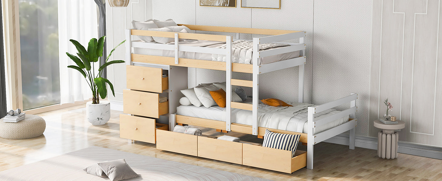 Twin over Twin Loft Bunk Bed with Drawers and Ladder, Natural