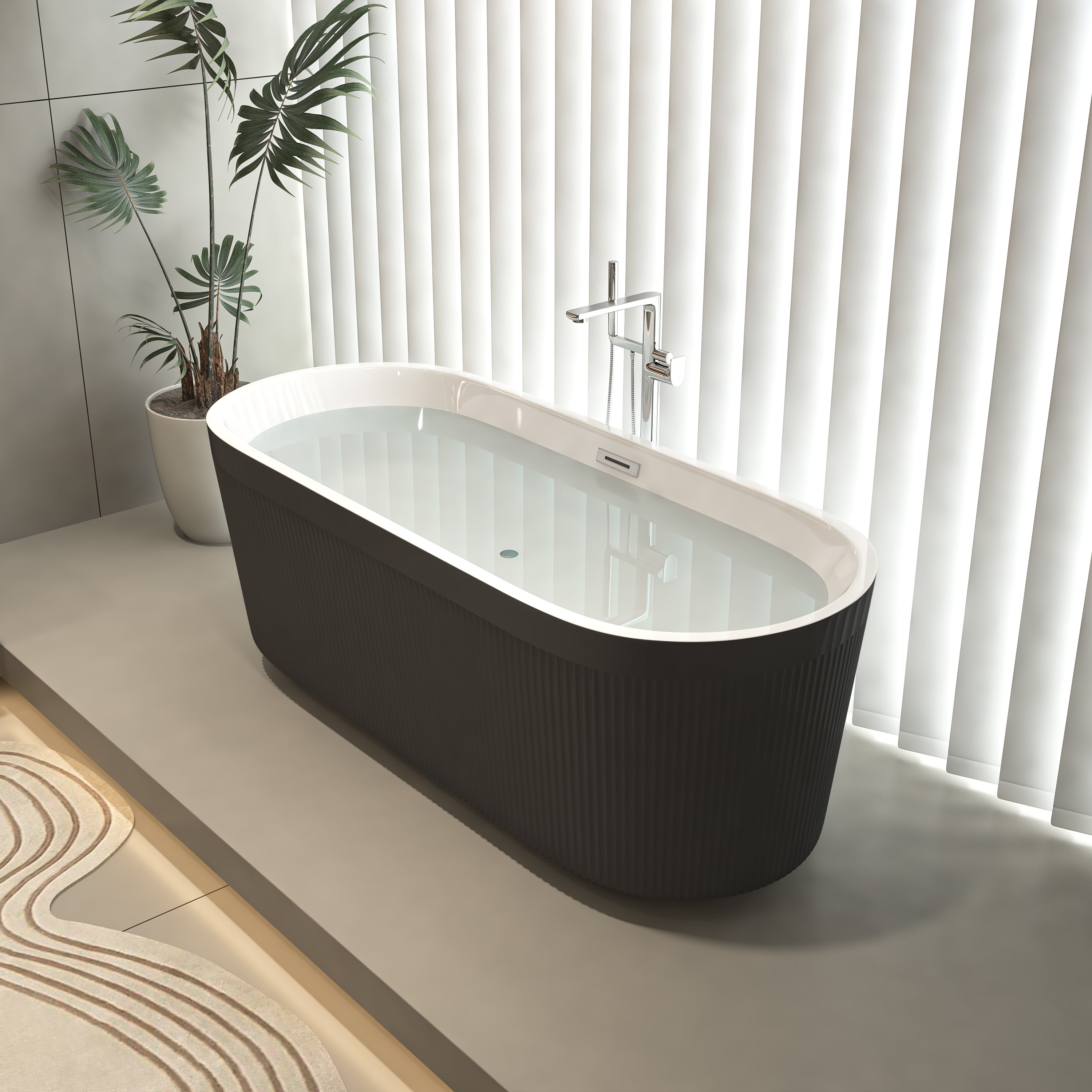 59" Acrylic Freestanding Bathtub with Unique Pleated Design: Spacious Oval Shape, Gloss Black Finish, Chrome Overflow & Pop-Up Drain