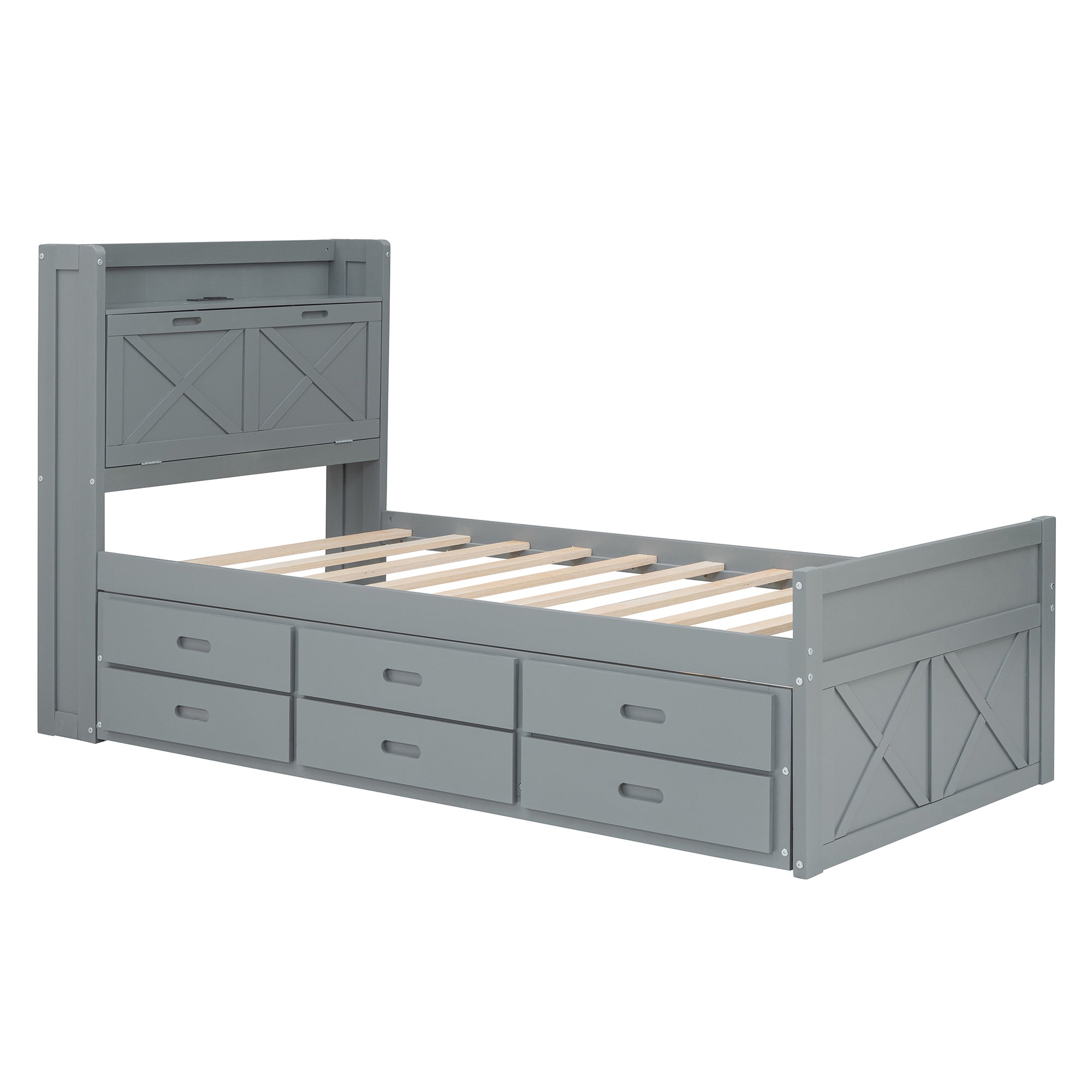 Twin Size Wooden Bed with Storage Headboard with Outlets, Extendable Bed with Twin Size Trundle with Three Storage Drawers,Gray