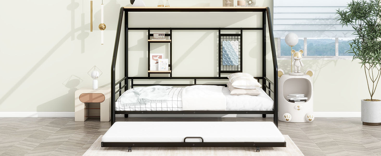 Full Size Metal House Bed with Trundle, Black