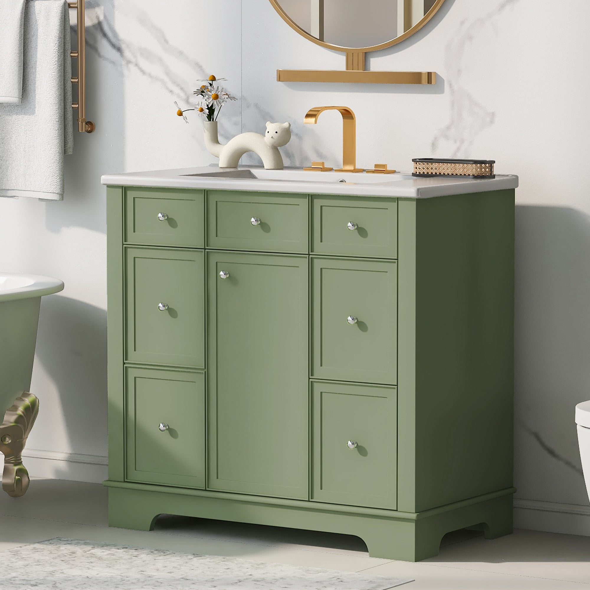 36" Bathroom Vanity with Sink, One Cabinet with Three drawers and One Flip Drawer, Solid Wood and MDF Board, Green