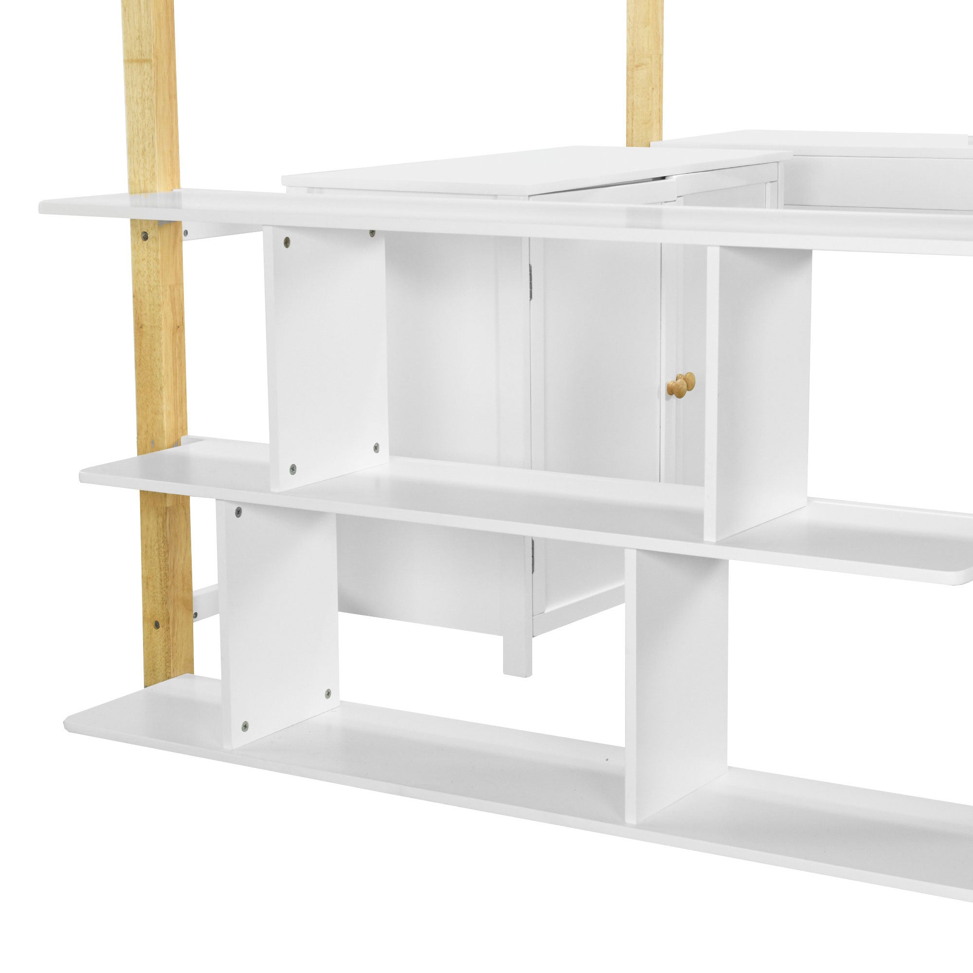 Full Size Wood Loft Bed With Built-in Storage Cabinet and Cubes, Foldable desk, White