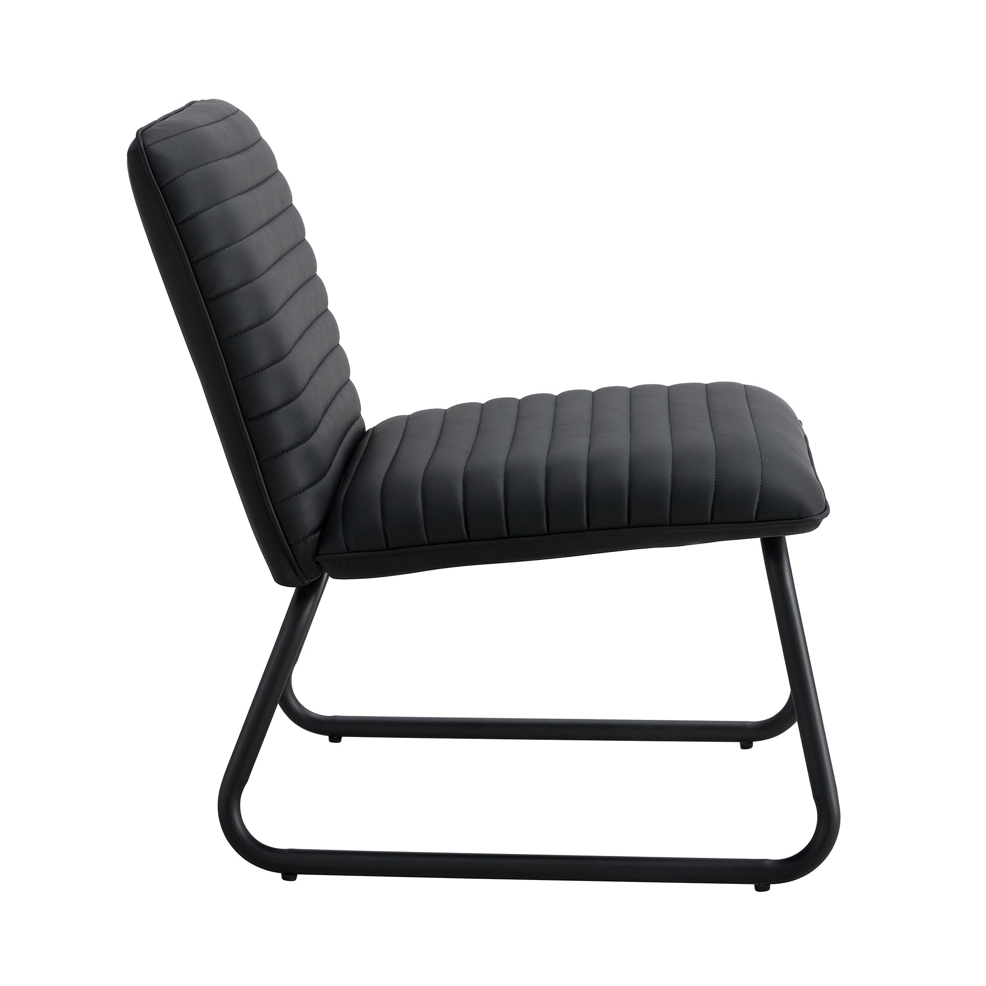 Black minimalist armless sofa chair with PU backrest, paired with black metal legs, suitable for offices, restaurants, kitchens, and bedrooms