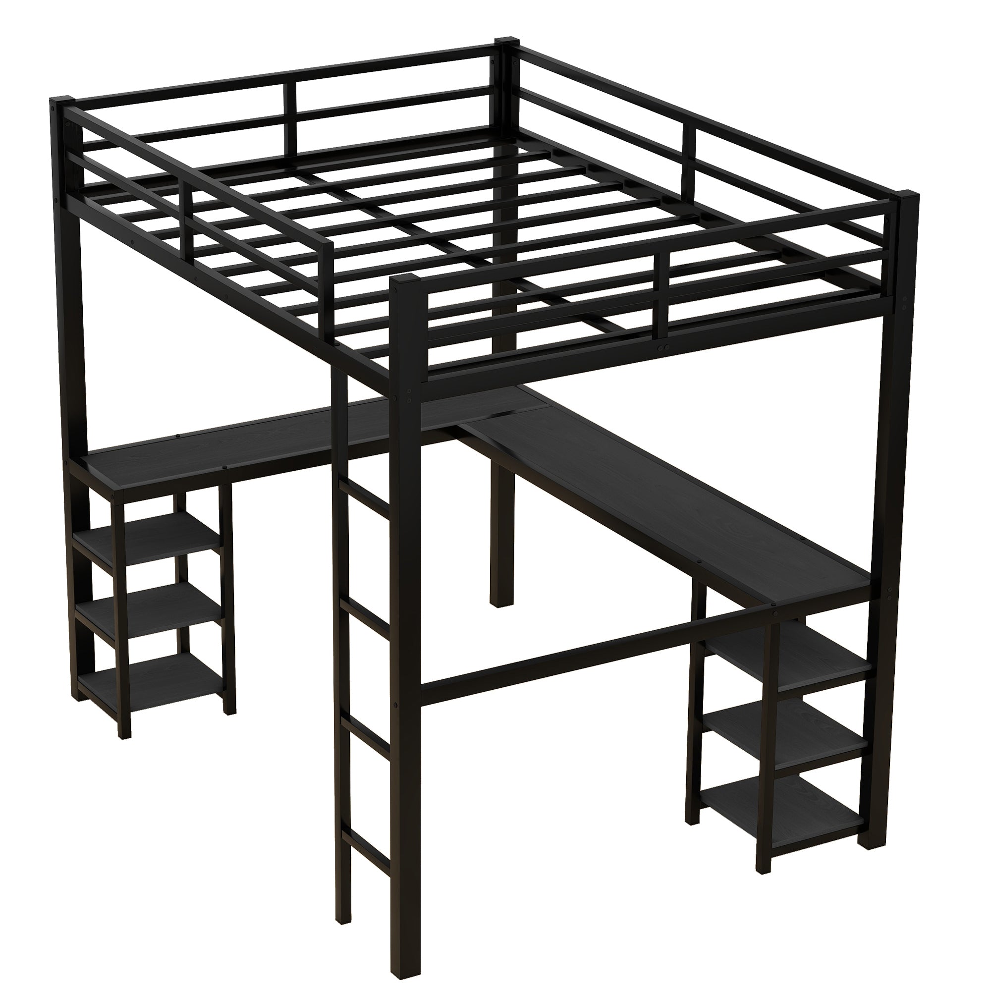 Full Metal Loft Bed with Desk and Shelves, Loft Bed with Ladder and Guardrails, Loft Bed Frame for Bedroom, Black with Black Desk