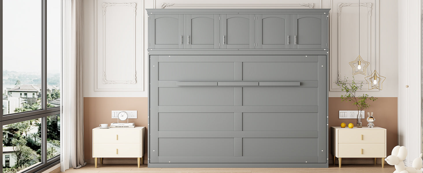 Queen Size Murphy Bed Wall Bed with Top Cabinets,Gray