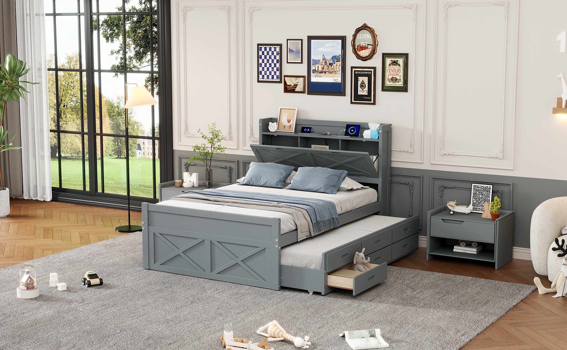 Full Size Wooden Bed with Storage Headboard with Outlets, Extendable Bed with Twin Size Trundle with Three Storage Drawers,Gray