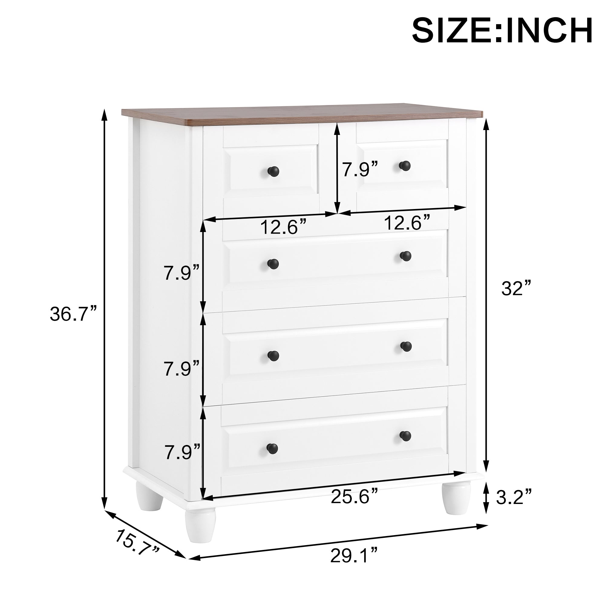 White 5-drawer dresser with drawer open showing deep storage