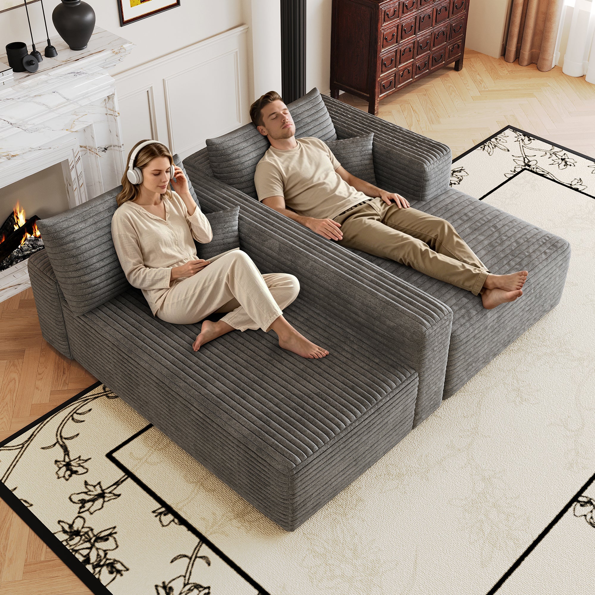 Dark grey corduroy sectional sofa in living room setting