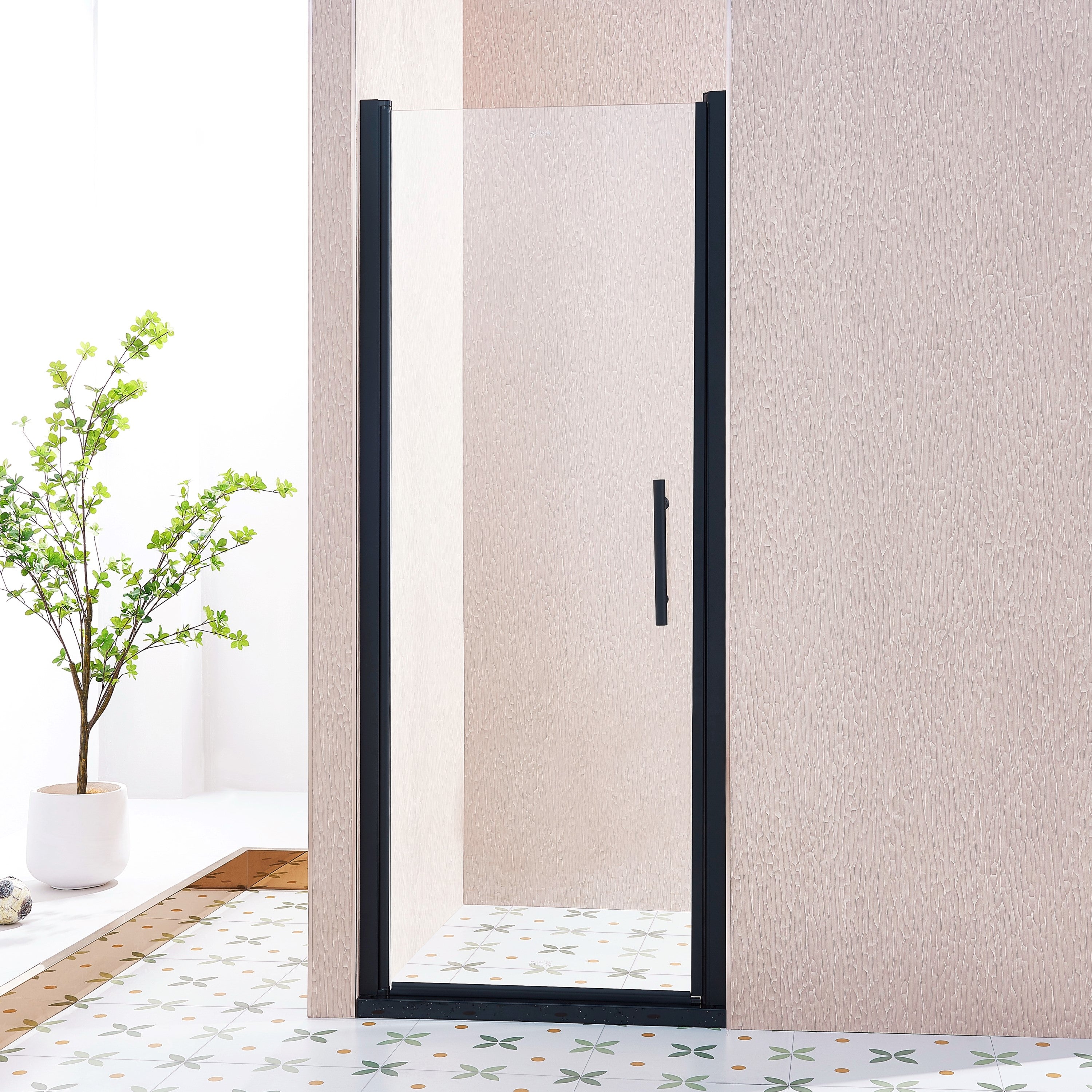 30-35.5 x 75 in matte black pivot shower door front view
