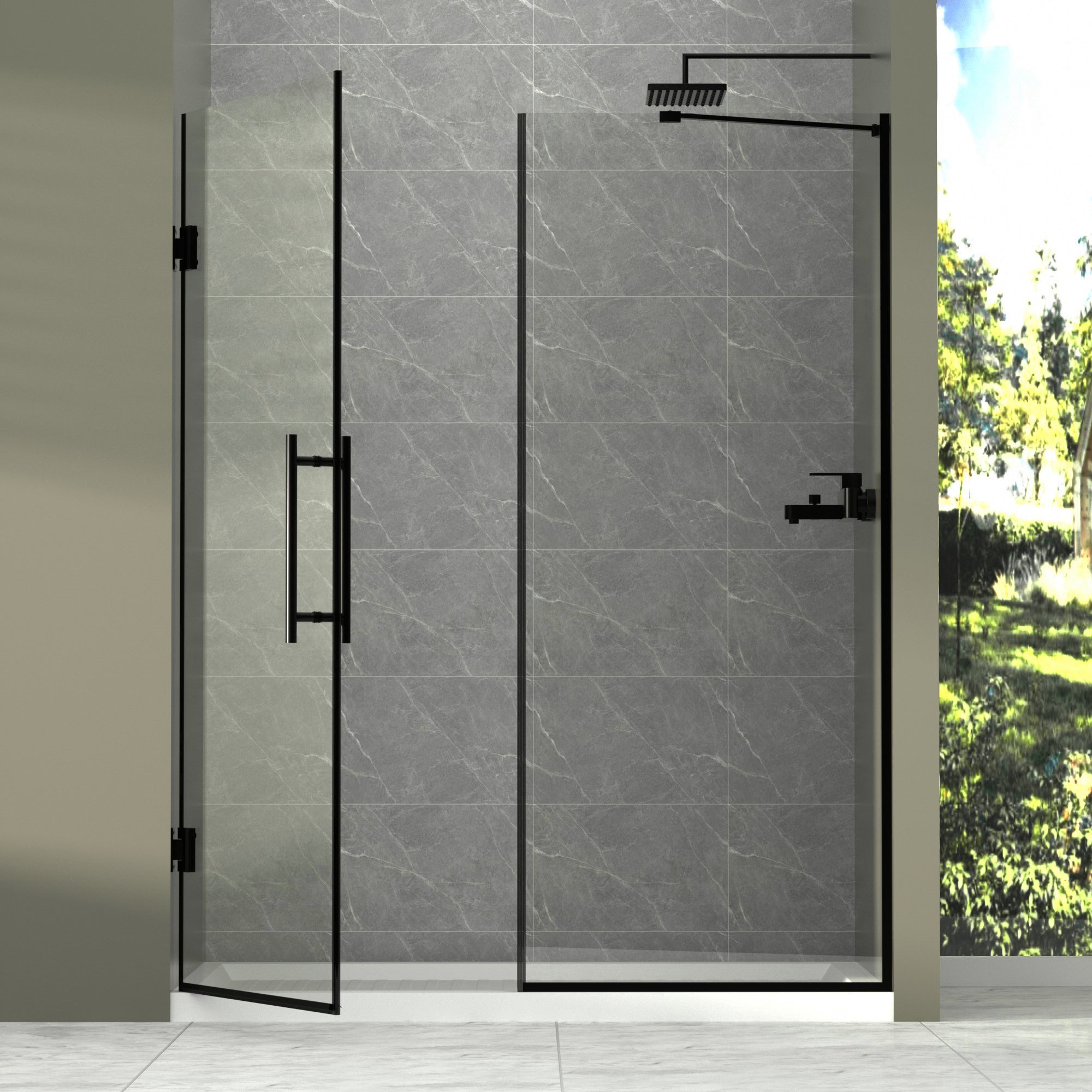 58-58"W x 71"H Semi-Frameless Double Hinges Shower Door in Matte Black,Tempered Glass,Reversible Installation