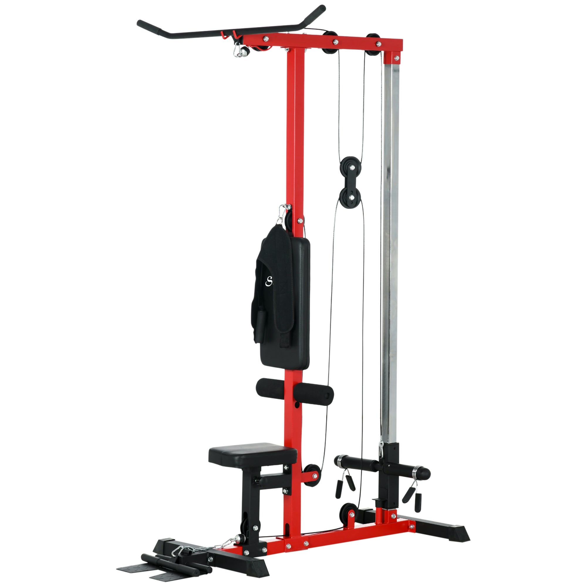 Soozier Cable Machine, LAT Machine with High and Low Pulley Stations, Cable Row Machine with Adjustable Seat and Flip-Up Footplate, for Home Gym, Black and Red