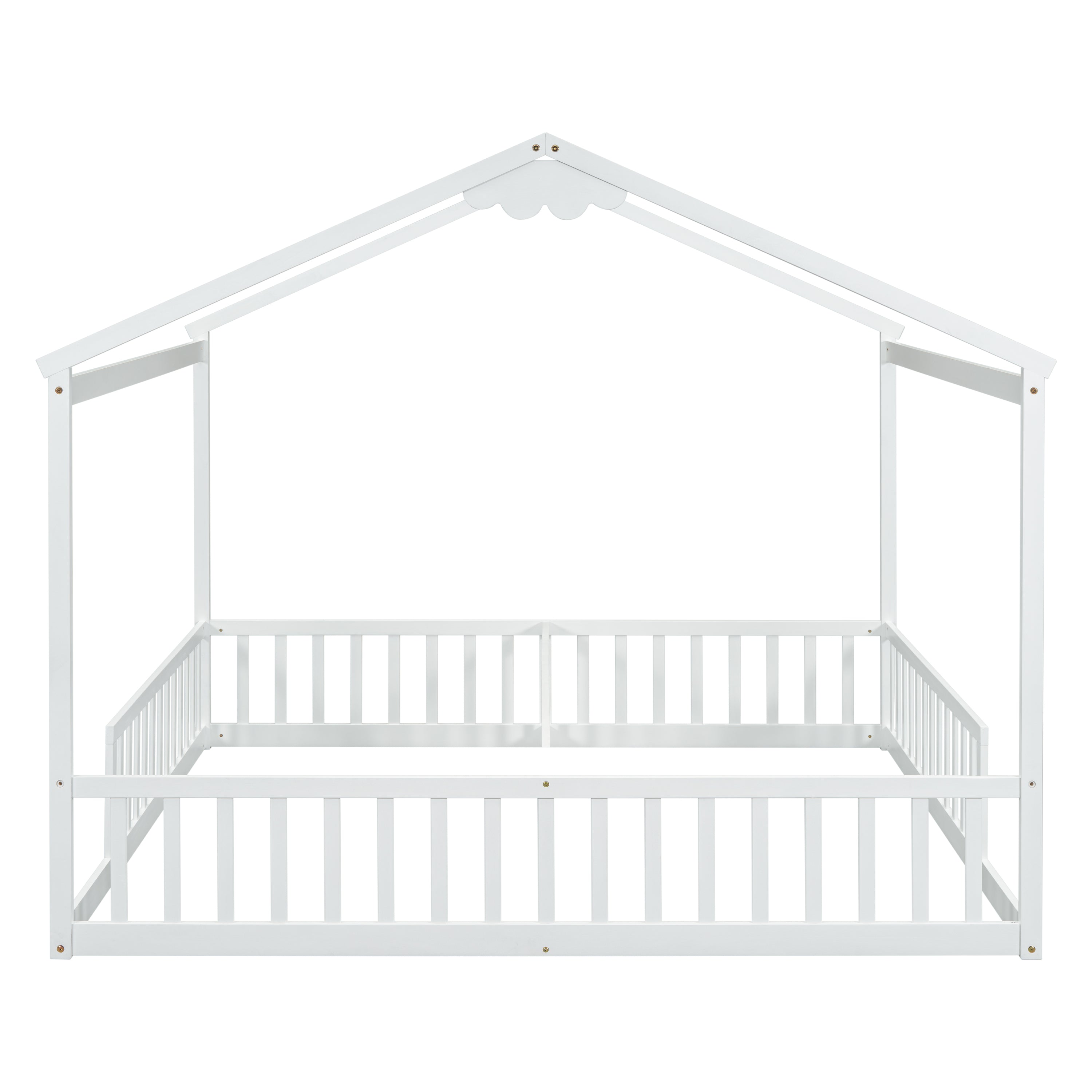 Double Twin House-Style Floor Bed with Fence, Guardrails, without door, White