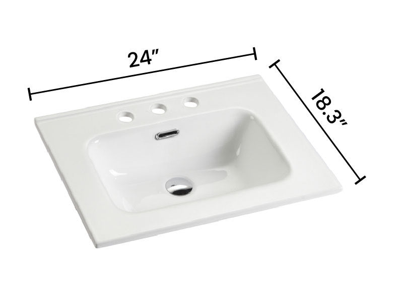 BB0924Y331, Integrated white ceramic basin with three predrilled faucet holes, drain assembly NOT included