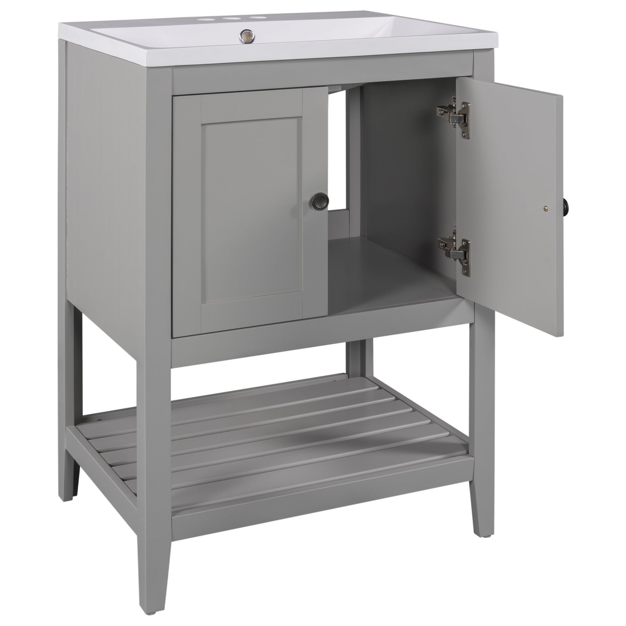 [VIDEO] 24" Grey Modern Sleek Bathroom Vanity Elegant Ceramic Sink with Solid Wood Frame Open Style Shelf (OLD SKU: JL000004AAE)