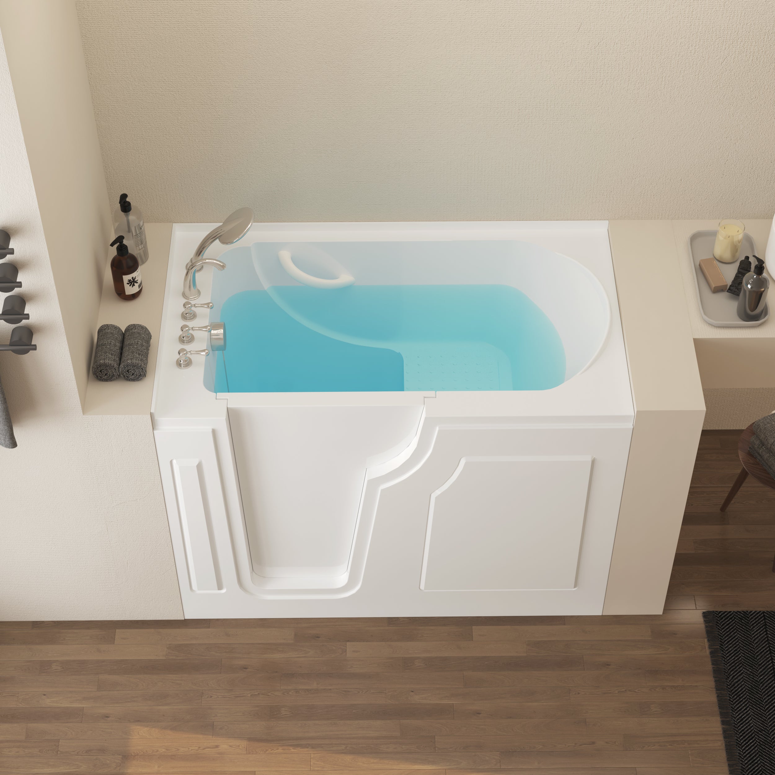 56" Walk-in Bathtub with Left-Side Door Opening and Quick Fill and Drain System, Rectangular Soaking Bathtub in White