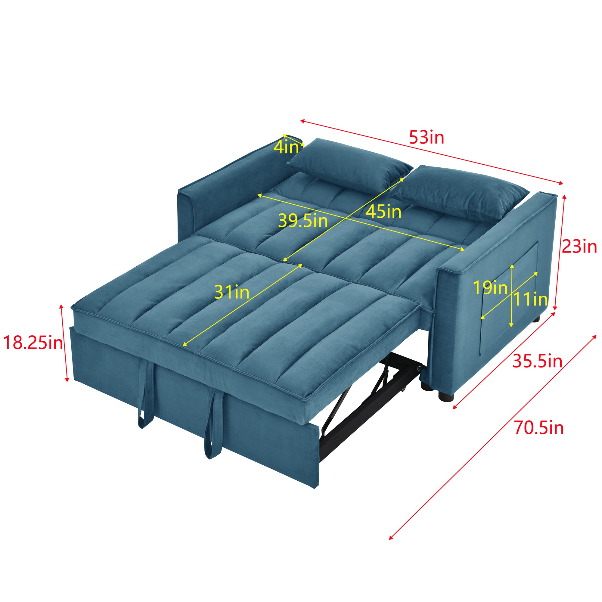 modern velvet loveseat sofa couch  pull out  bed,3 in one convertible for living room sofa bed,blue