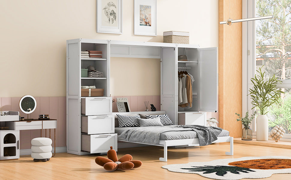 Queen Size Murphy Bed Wall Bed with Closet ,Drawers and Shelves,White