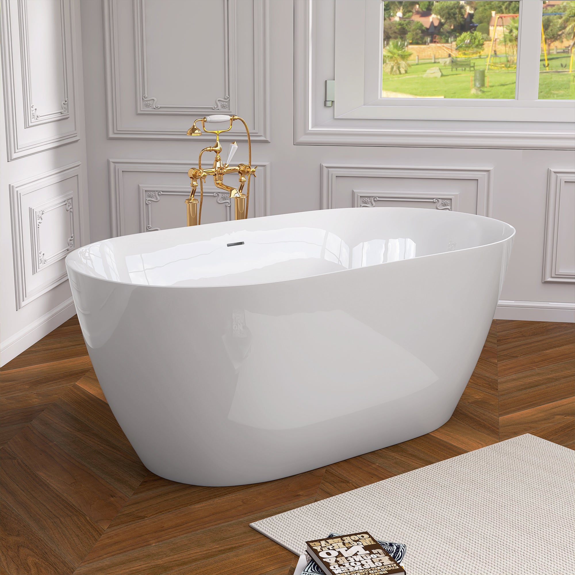 55" Acrylic Freestanding Bathtub Contemporary Soaking White Tub with Overflow and Pop-up Drain Gloss White