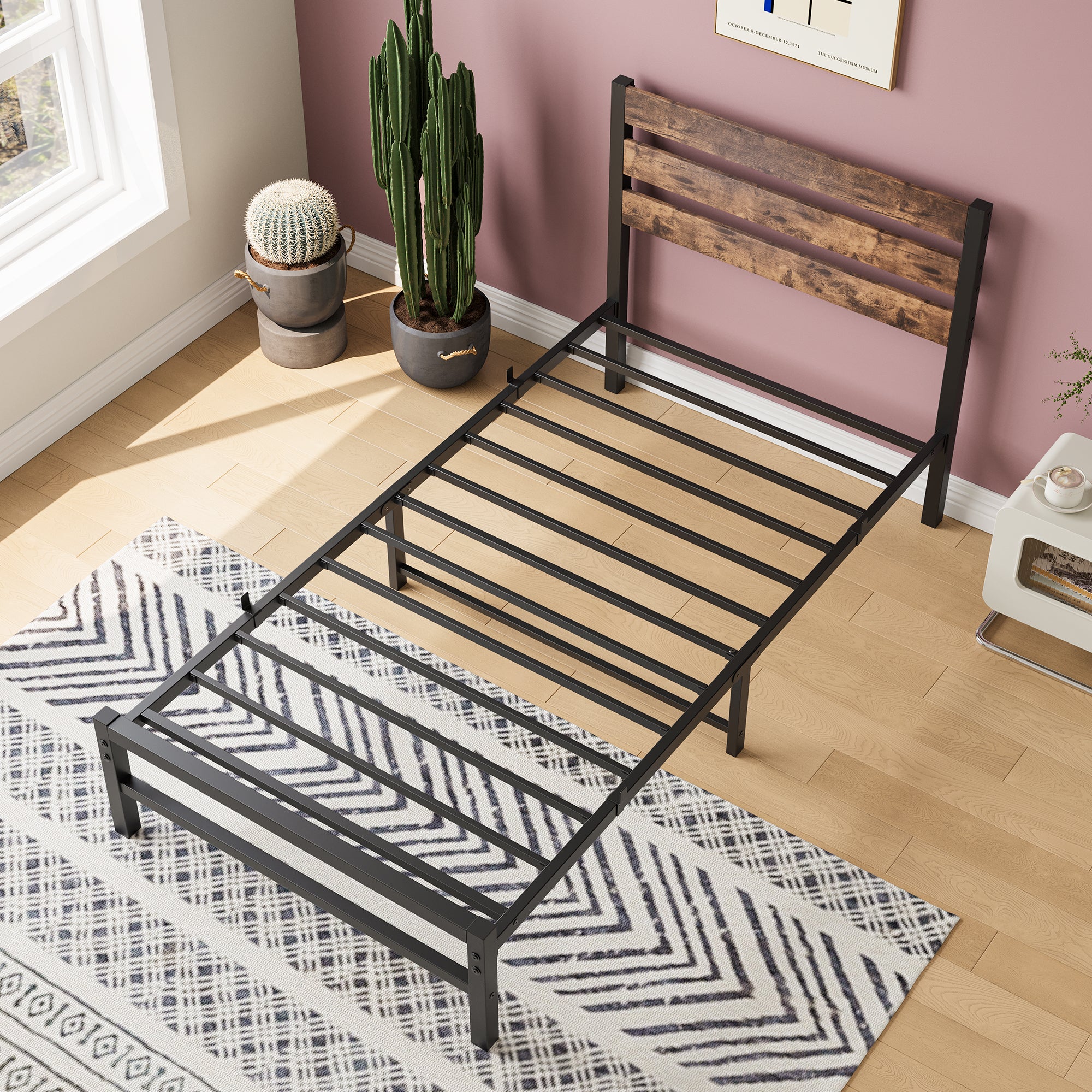 Twin Size Platform Bed Frame with Rustic Vintage Wood Headboard, Strong Metal Slats Support Mattress Foundation, No Box Spring Needed Rustic Brown