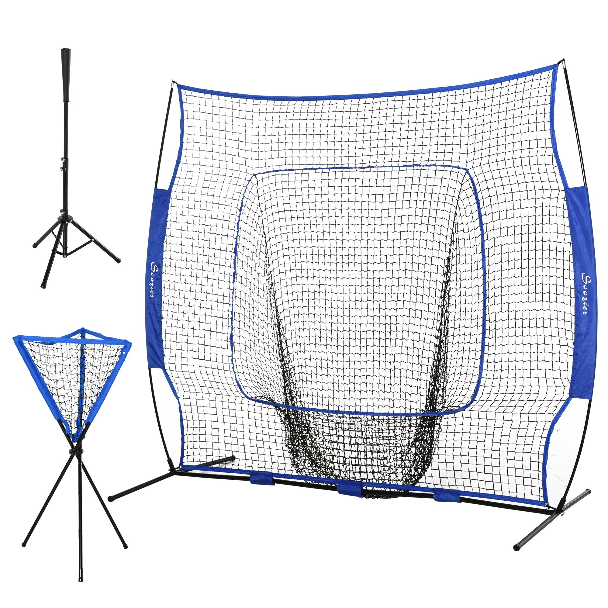 Soozier Baseball Practice Net Set with 7.5x7ft Catcher Net, Ball Caddy, Portable Baseball Practice Equipment with for Hitting, Pitching, Batting, Catching, Blue