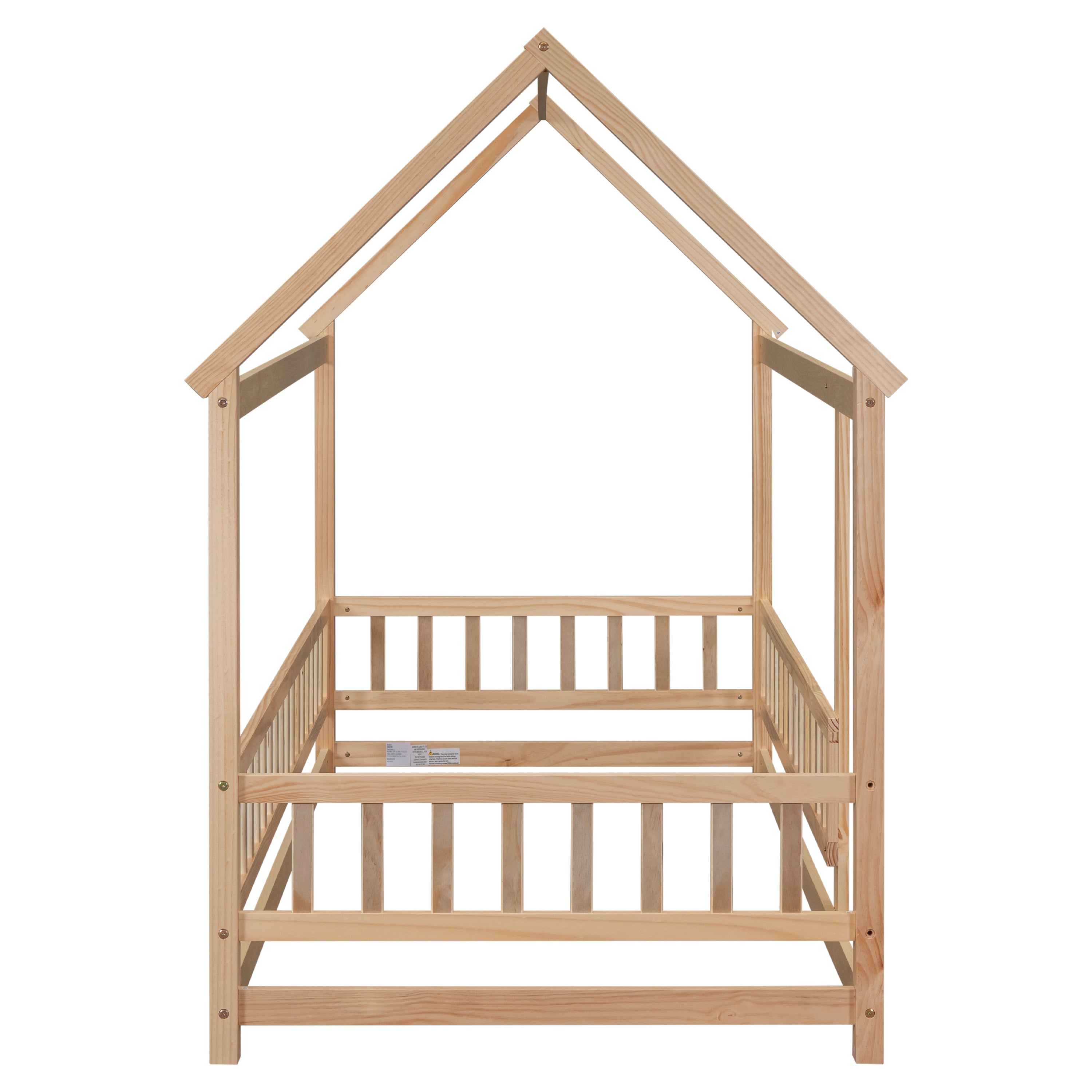 Twin Size Floor Wooden Bed with House Roof Frame, Fence Guardrails,(Old SKU:W504105240)