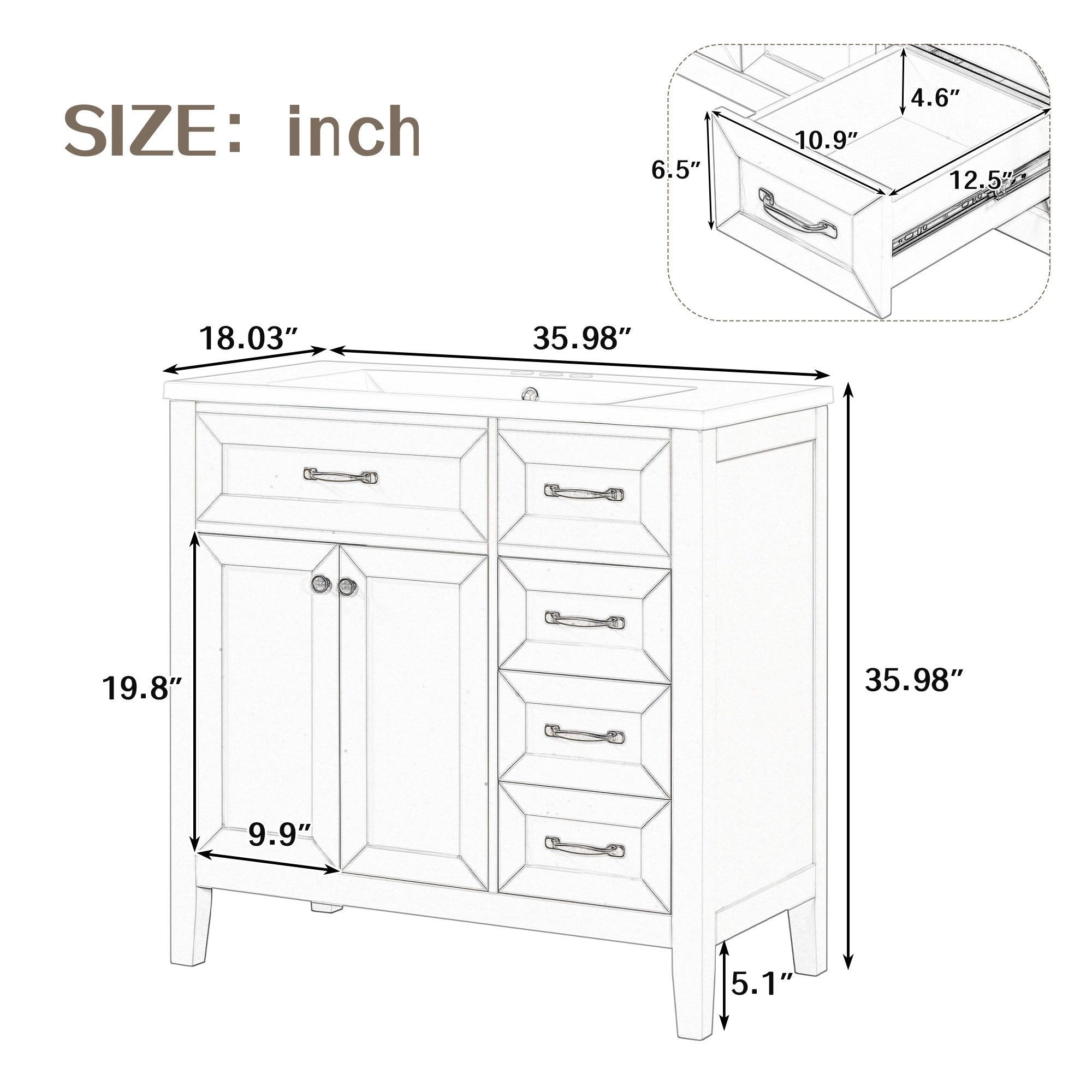 36" Bathroom Vanity with Sink Combo, White Bathroom Cabinet with Drawers, Solid Frame and MDF Board (Old Sku:JL000007AAK)