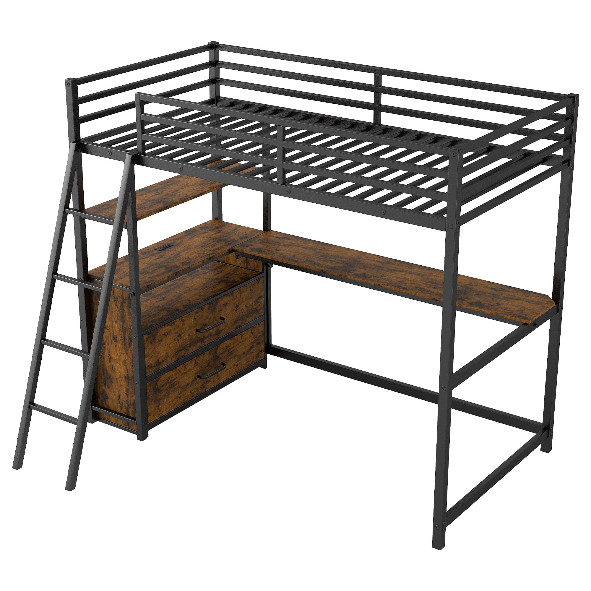 Twin Size Metal&Wood Loft Bed with Desk and Shelves, Two Built-in Drawers, LED Light and USB Charging Station, Black