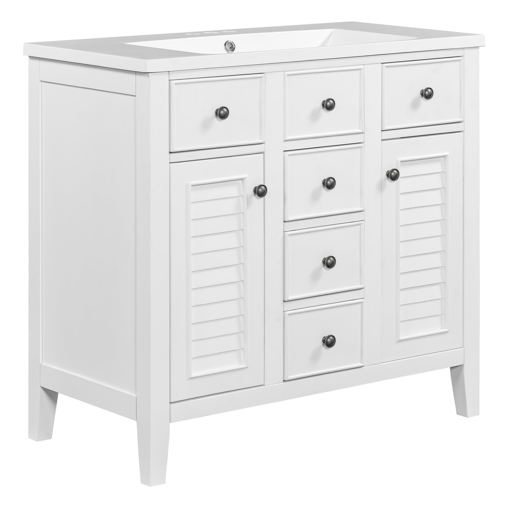 36" Bathroom Vanity with Ceramic Basin, Two Cabinets and Five Drawers, Solid Wood Frame, White (OLD SKU: SY999202AAK-1)