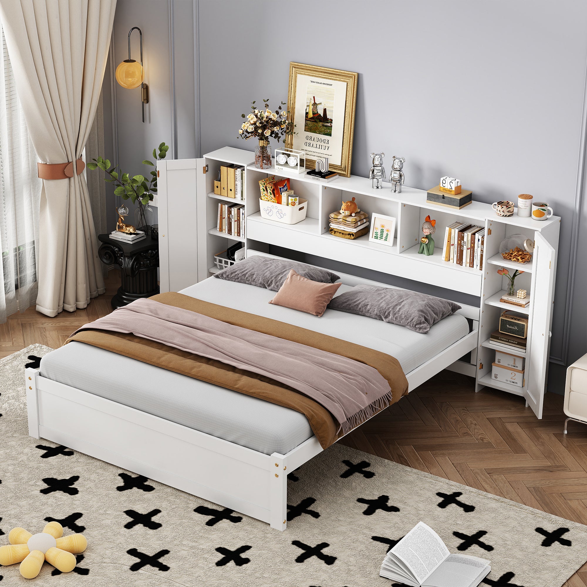 Full Size Platform Bed with Storage Headboard and Lockers, White