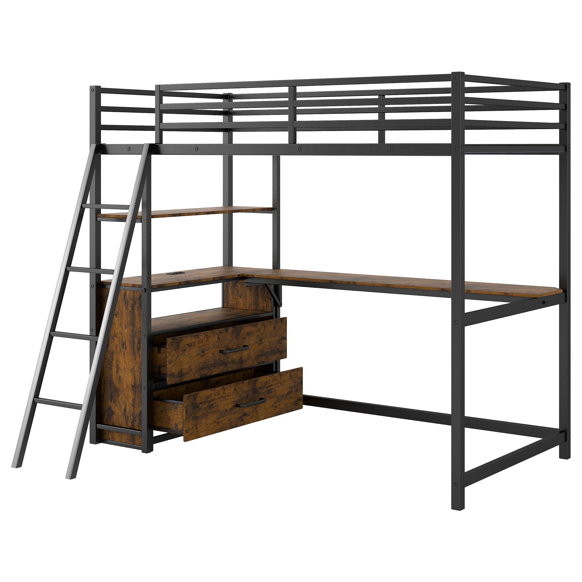 Twin Size Metal&Wood Loft Bed with Desk and Shelves, Two Built-in Drawers, LED Light and USB Charging Station, Black