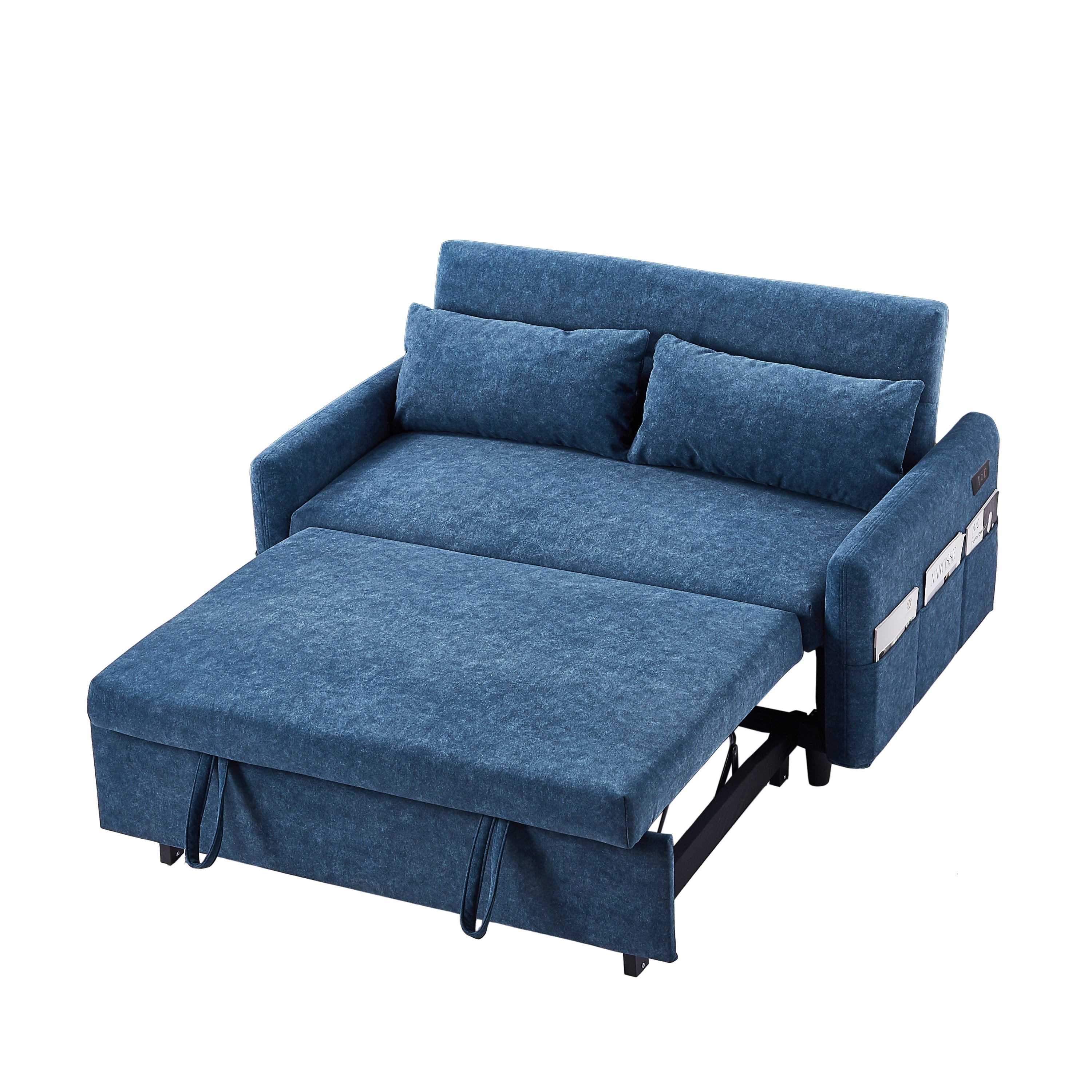 55.1" Pull Out Sleep Sofa Bed Loveseats Sofa Couch with Adjsutable Backrest, Storage Pockets, 2 Soft Pillows, USB Ports for Living Room, Bedroom, Apartment, Office, Blue (Old SKU WF307821AAC)