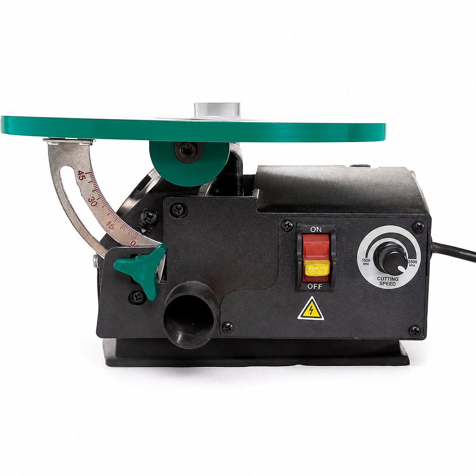 Grizzly G0735 scroll saw table-tilt and speed controls close-up