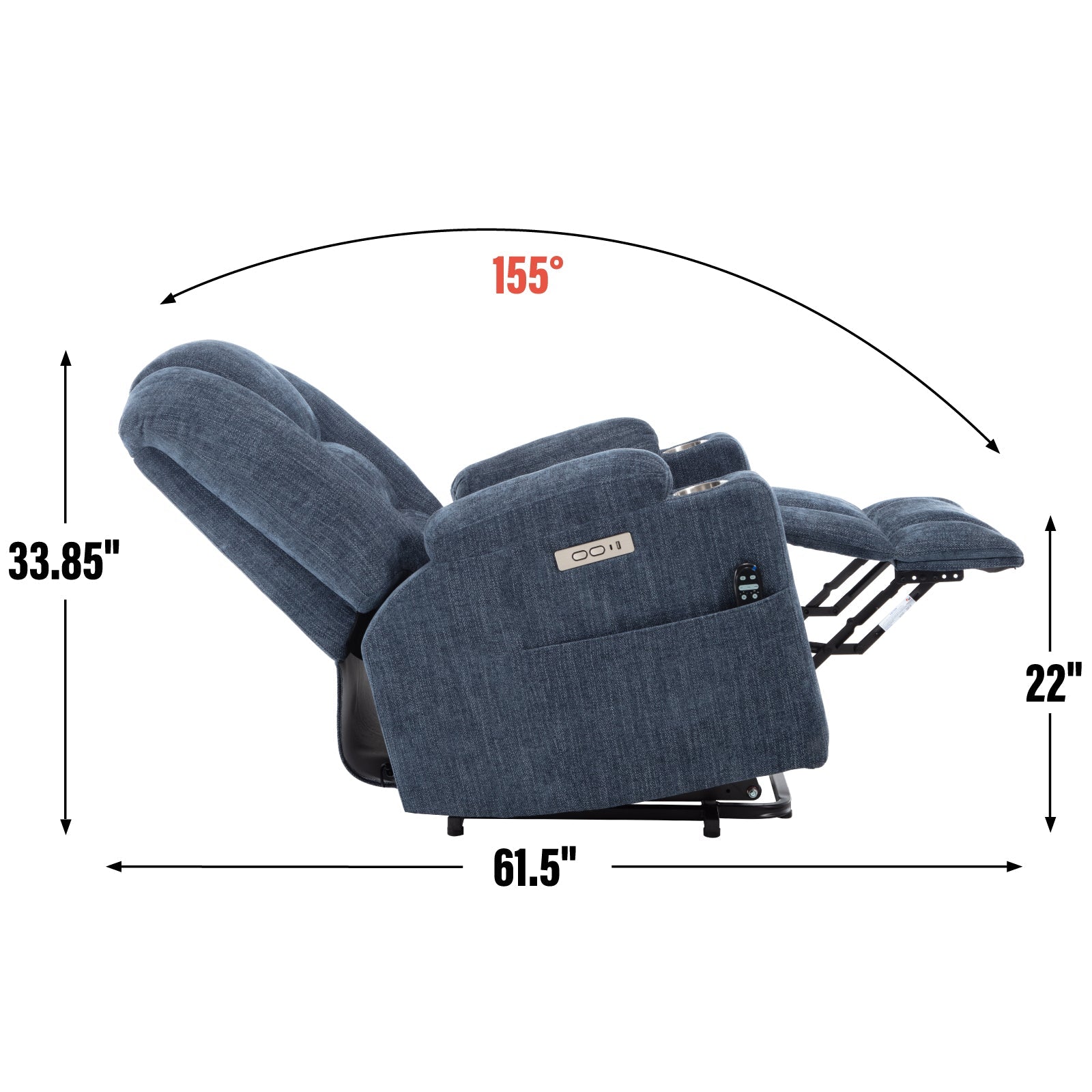 Power lift recliner chair side view showing 155 degree recline range