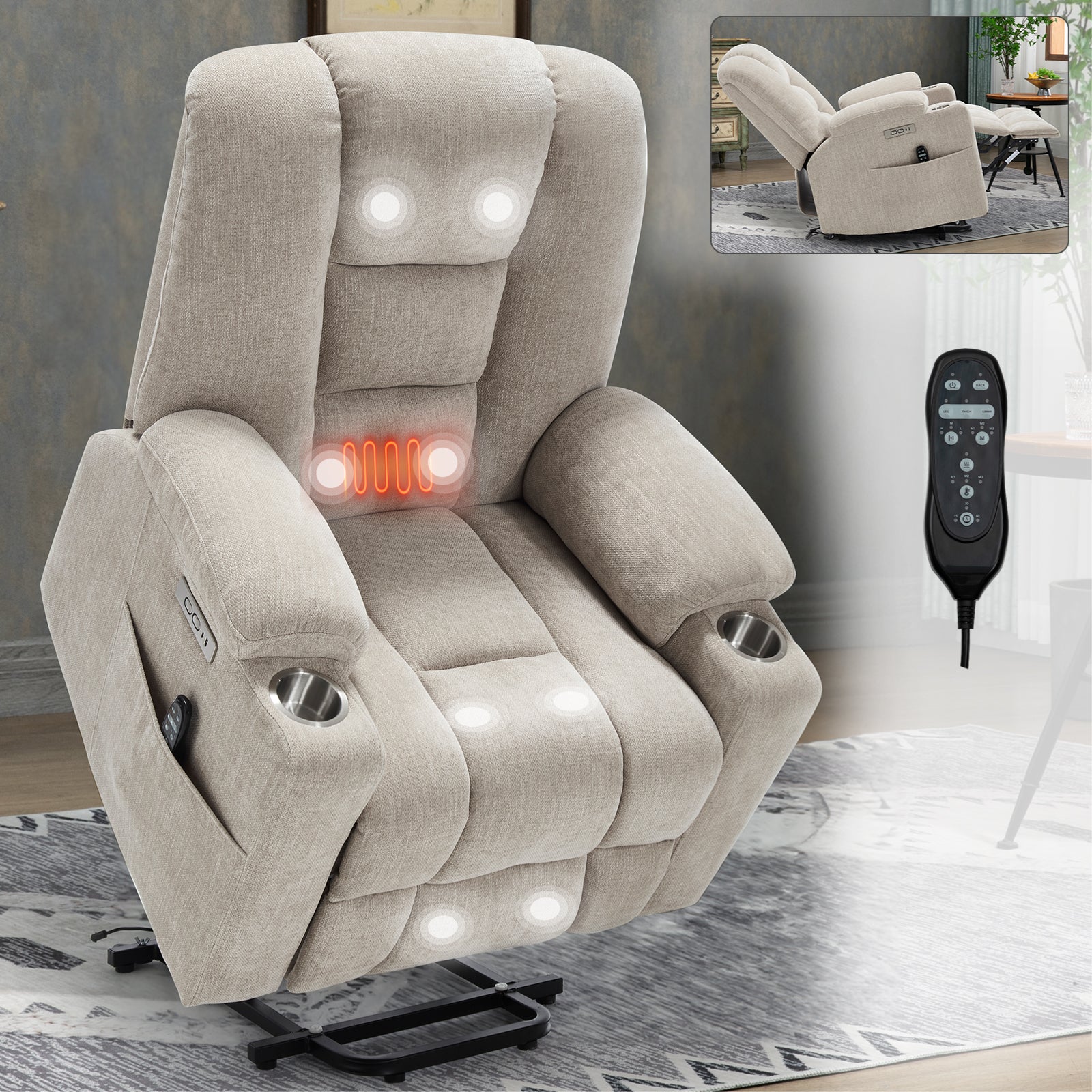 Beige power lift recliner chair with chenille upholstery
