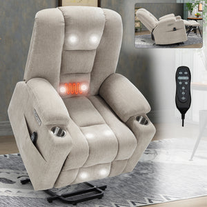Beige power lift recliner chair with chenille upholstery