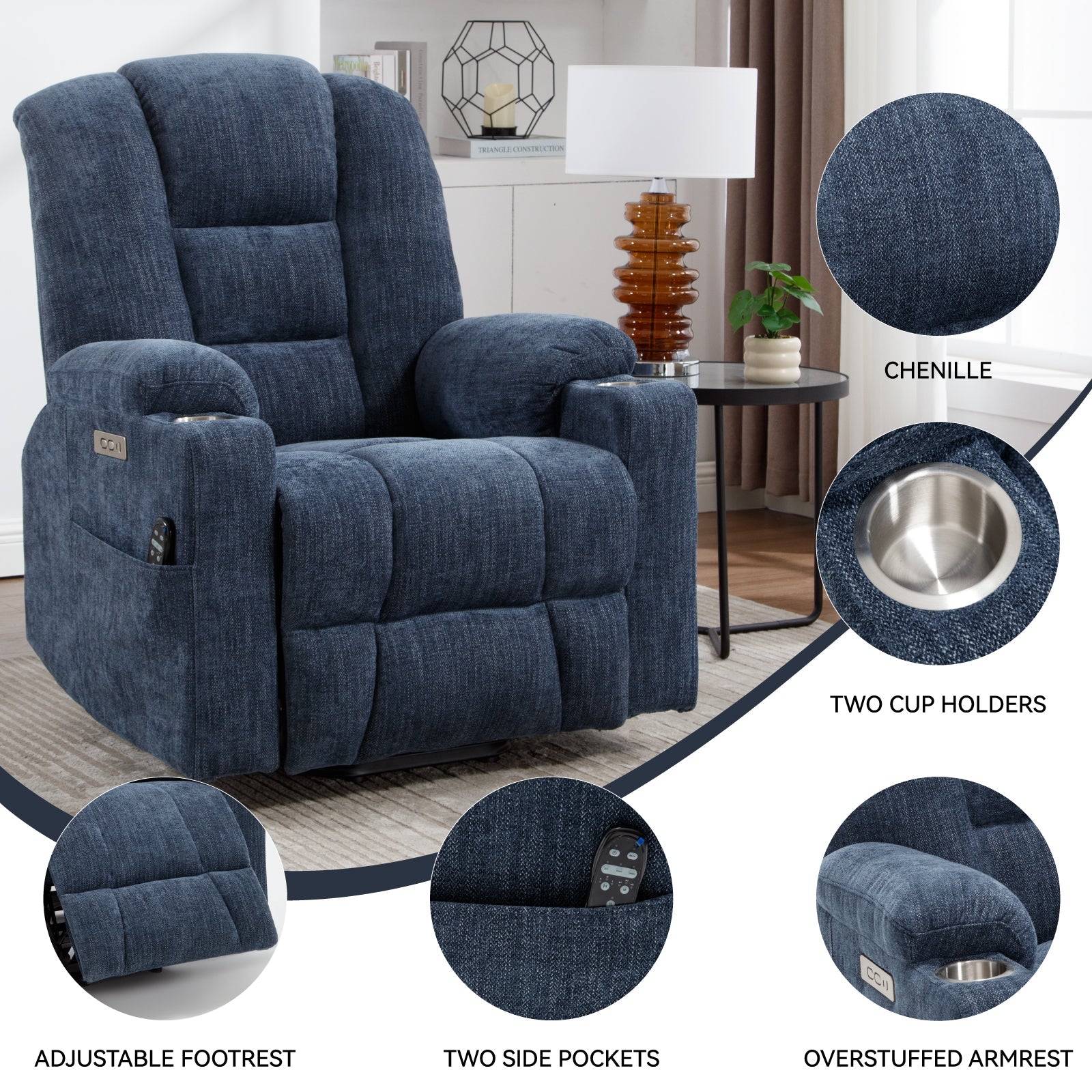 Power lift recliner chair chenille fabric cup holders side pockets and padded armrest details