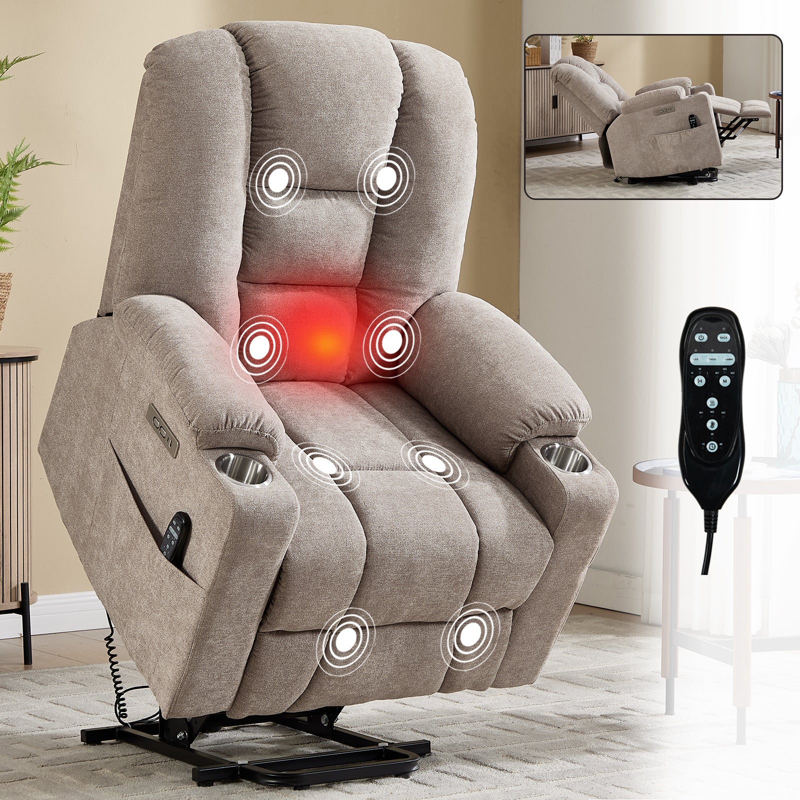 Khaki power lift recliner chair with chenille upholstery