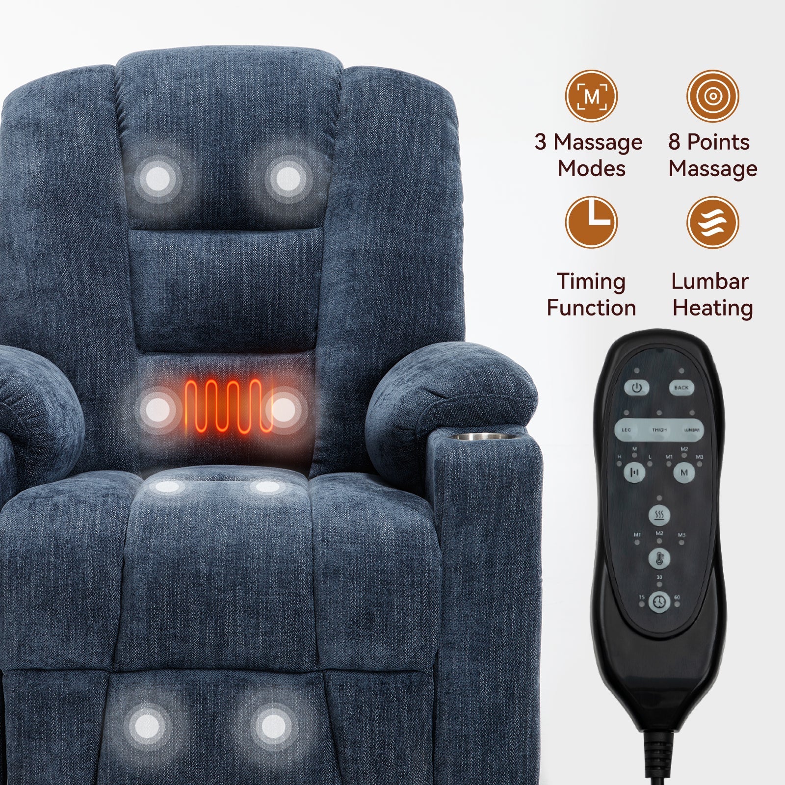 Power lift recliner chair remote with massage modes and lumbar heating controls