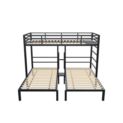 Triple Twin L-Shaped Metal Bunk Bed in black steel with wooden slats