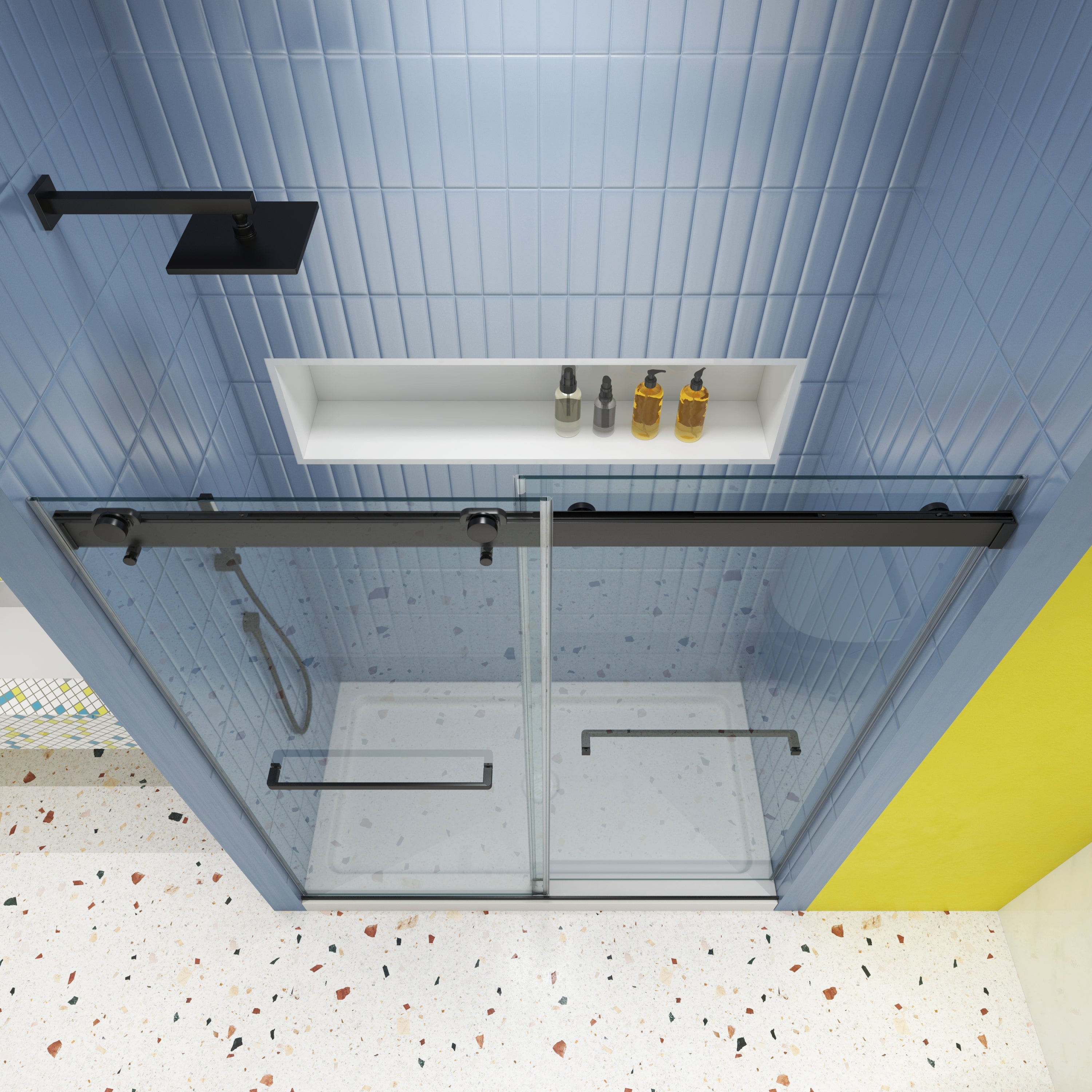Bypass shower door glass and track detail
