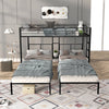 Black L-shaped triple twin bunk bed in a shared bedroom