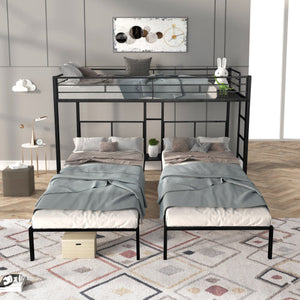 Black L-shaped triple twin bunk bed in a shared bedroom